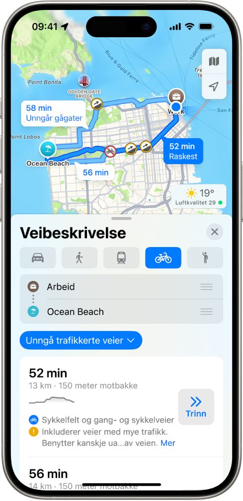 Et kart som viser alternativer for sykkelruter. Rutekortet nederst viser detaljer for rutene, inkludert beregnede reisetider, høydeendringer og veityper. En Start-knapp vises til høyre for reisedetaljene.