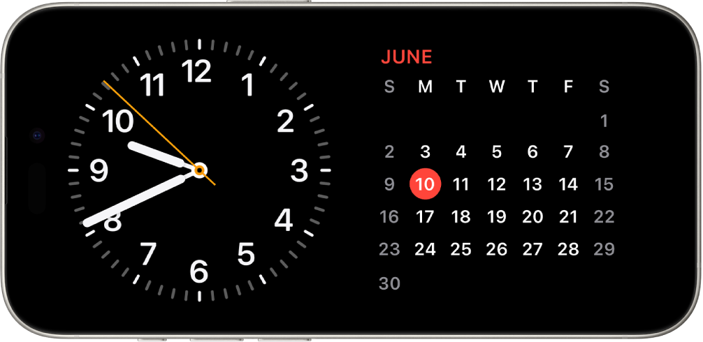 iPhone ଭୂସମାନ୍ତର ଭାବରେ ଘୁରିଲା। ସ୍କ୍ରୀନ୍ର ବାମ ପାର୍ଶ୍ୱରେ ଏକ ଘଣ୍ଟା ଏବଂ ସ୍କ୍ରୀନ୍ର ଡାହାଣ ପାର୍ଶ୍ୱରେ ତାରିଖ ଡିସ୍ପ୍ଲେ କରୁଛି।