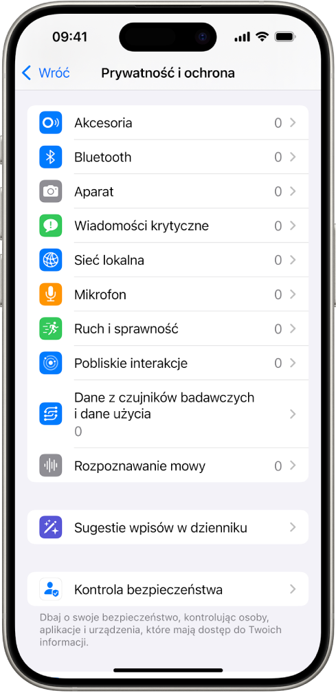 Ekran Prywatność i ochrona z ustawieniami dostępu aplikacji do aparatu, mikrofonu i innych części iPhone’a.
