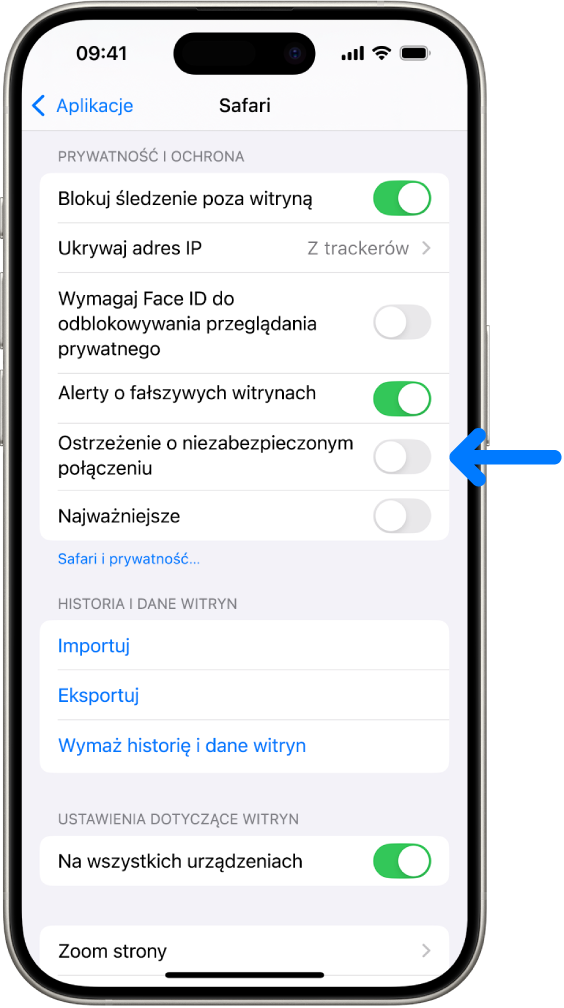 Opcja Ostrzeżenie o niezabezpieczonym połączeniu, znajdująca się w sekcji Prywatność i ochrona na ekranie Safari w Ustawieniach.