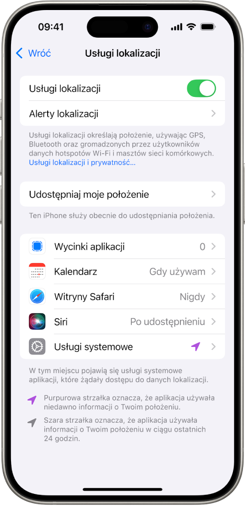 Ekran Usługi lokalizacji z ustawieniami dotyczącymi udostępniania położenia iPhone’a poszczególnym aplikacjom.