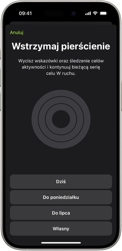 Ekran Wstrzymaj pierścienie w aplikacji Fitness. Widoczne są opcje dotyczące wstrzymywania pierścieni aktywności.