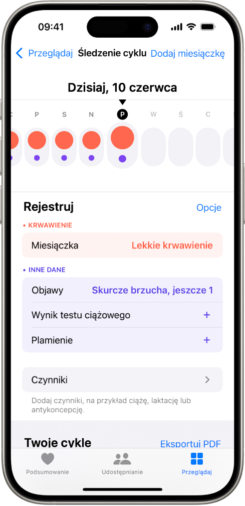 Ekran śledzenia cyklu. Na górze ekranu widoczna jest linia czasowa przedstawiająca tydzień. Pierwsze pięć dni na linii czasowej oznaczone jest czerwonymi kółkami oraz purpurowymi kropkami. Poniżej linii czasowej widoczne są opcje umożliwiające między innymi dodawanie informacji o miesiączce i objawach.