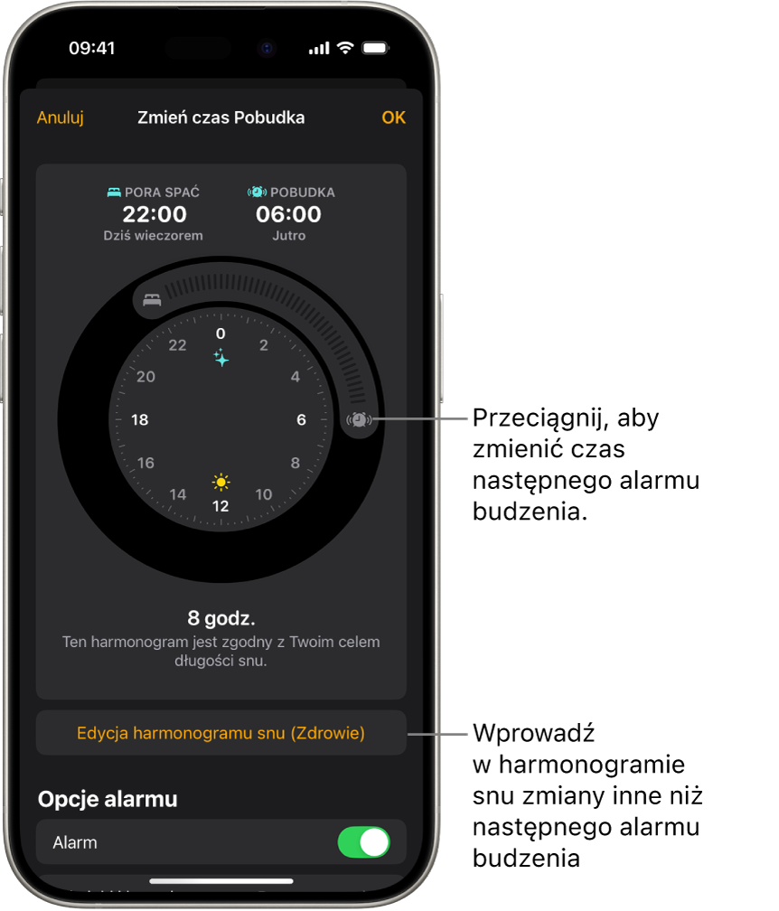 Ekran zmiany czasu następnej pobudki. Położenie przycisku Budzik, alarm włączony ustawia czas pobudki.