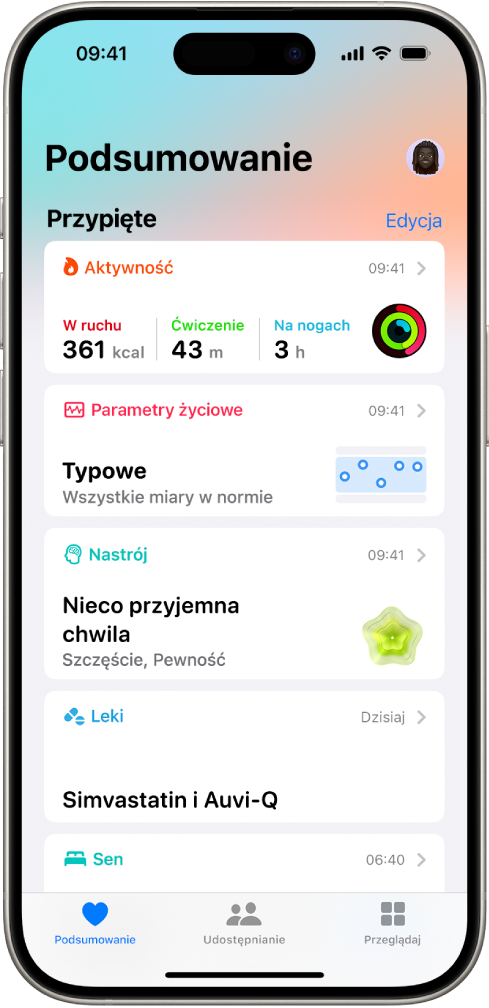 Ekran Podsumowanie w aplikacji Zdrowie. Pod etykietą Przypięte wyświetlane są informacje dotyczące aktywności, parametrów życiowych, nastroju oraz leków.