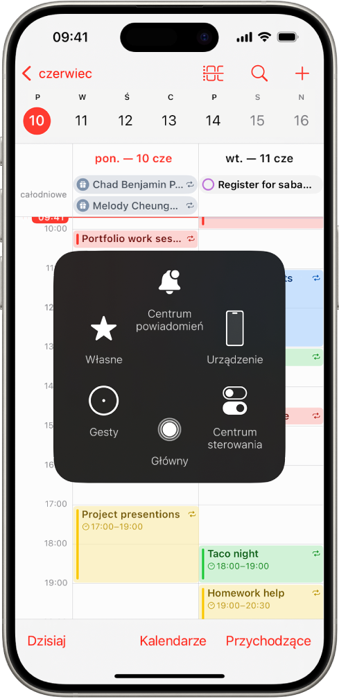 iPhone z wyświetlonym menu funkcji AssistiveTouch, zawierającym narzędzia: Centrum powiadomień Urządzenie, Centrum sterowania, Główny, Gesty oraz Własne.