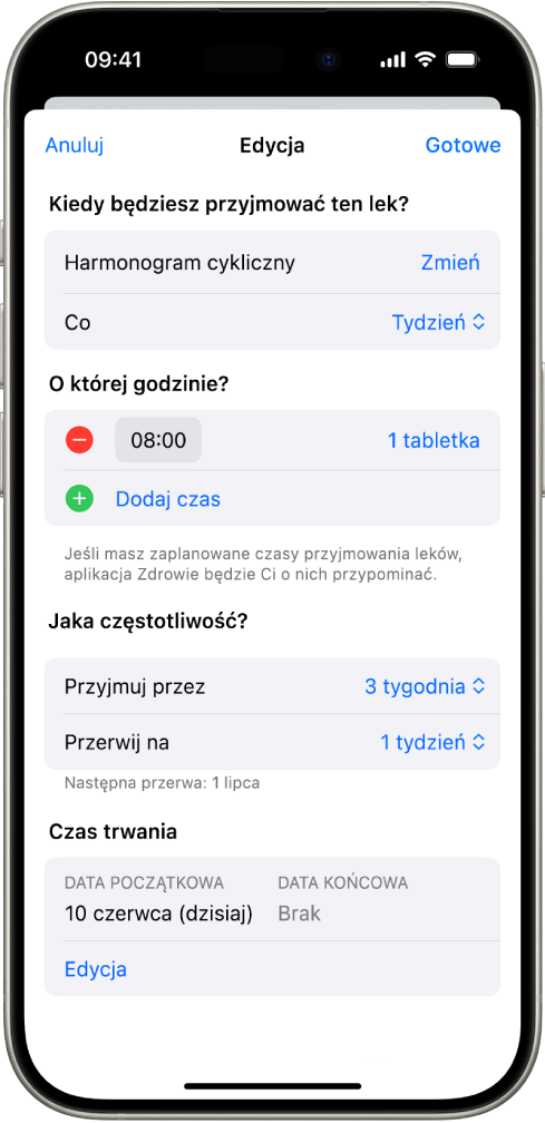 Ekran Leki w aplikacji Zdrowie, zawierający opcje umożliwiające zmianę harmonogramu przyjmowania leku.