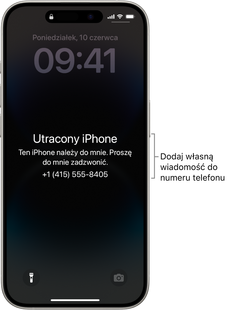 Ekran blokady iPhone’a, wyświetlający komunikat o utraceniu iPhone’a. Do numeru telefonu możesz dodać własną wiadomość.