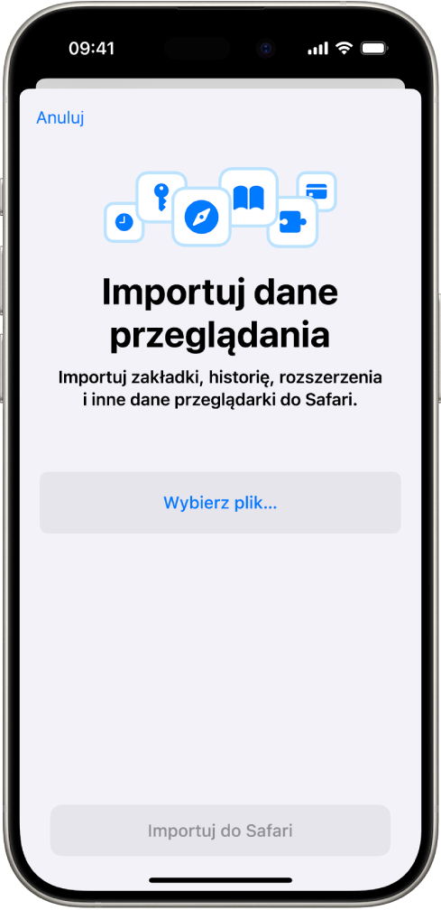 Ekran Importuj dane przeglądania. Widoczne są dane z innej przeglądarki, które zostaną zaimportowane do Safari.