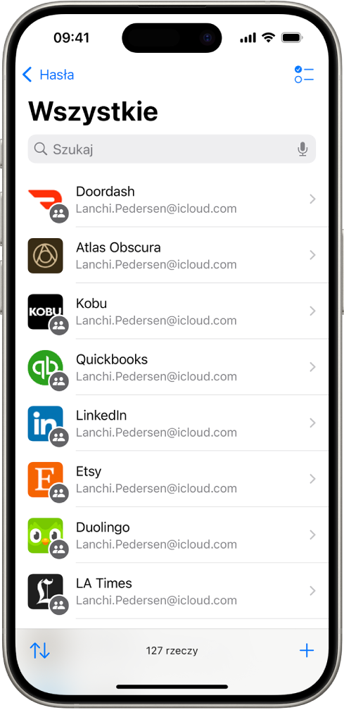 Lista aplikacji w aplikacji Hasła.