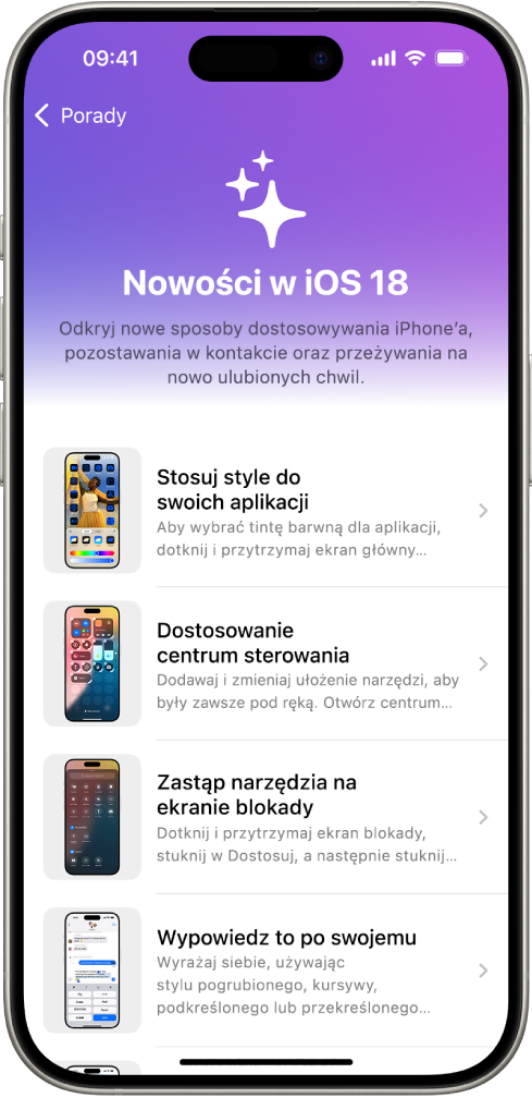Ekran zawierający zbiór porad. Strzałka obok zbioru porad oznacza, że możesz stuknąć w zbiór, aby wyświetlić zawarte w nim porady.