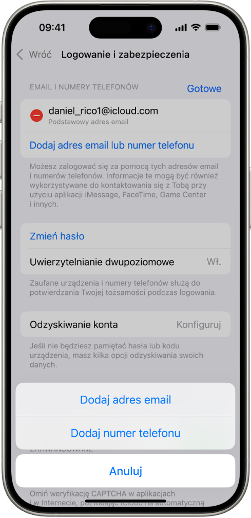 Ekran Logowanie i zabezpieczenia w Ustawieniach.