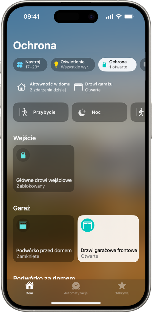 Ekran aplikacji Dom wyświetlający drzwi wejściowe oraz dwoje drzwi garażu.
