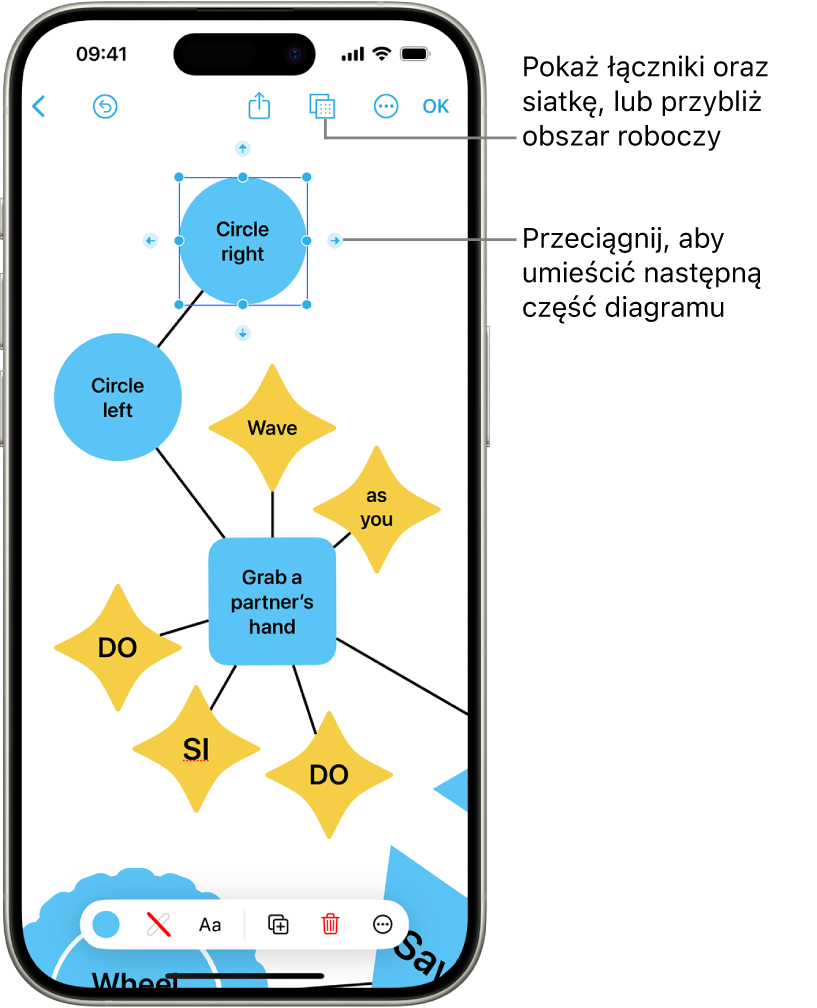 Diagram na tablicy friform, z łącznikami widocznymi na zaznaczonym kształcie oraz znajdującymi się na dole ekranu narzędziami formatowania.