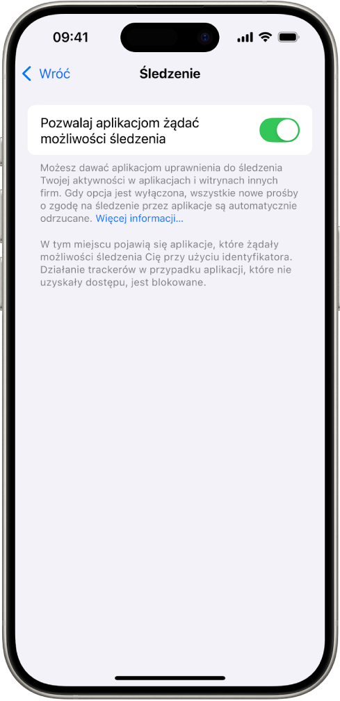 Ekran Śledzenie z ustawieniem pozwalającym sterować, czy aplikacje mogą żądać śledzenia Cię w witrynach internetowych lub w aplikacjach należących do innych firm.