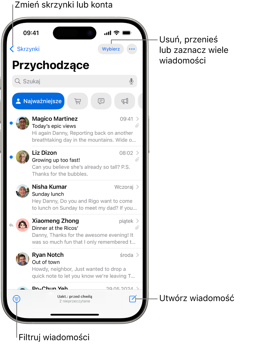 Skrzynka Przychodzące w aplikacji Poczta, wyświetlająca listę wiadomości email.