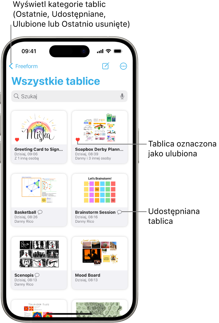 Na ekranie Wszystkie tablice w aplikacji Friform wyświetlanych jest osiem miniaturek tablic.