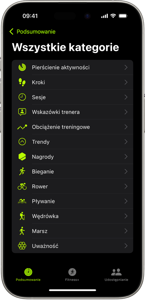 Ekran aplikacji Fitness wyświetlający listę kategorii fitnessowych.