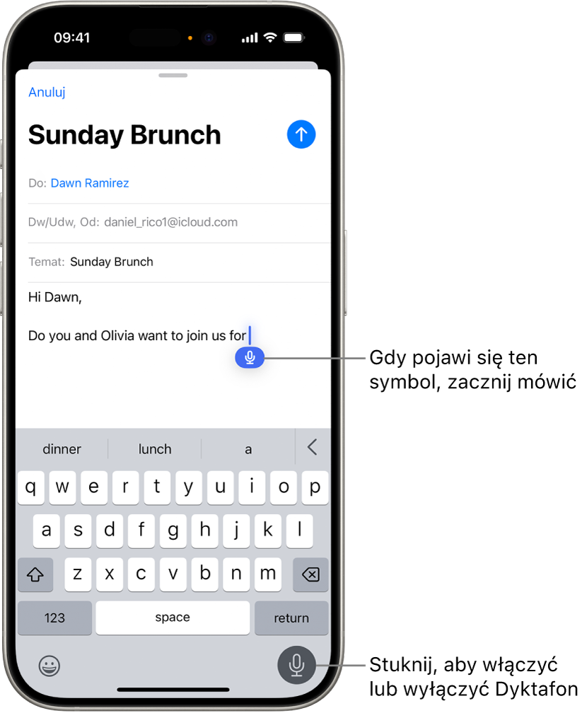 Klawiatura ekranowa otwarta w aplikacji Poczta. Przycisk Dyktowanie znajdujący się w prawym dolnym rogu ekranu jest zaznaczony. W polu tekstowym pod punktem wstawiania widoczny jest przycisk Dyktowanie.