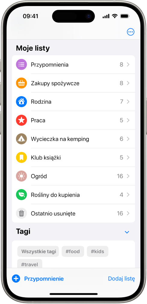 Aplikacja Przypomnienia wyświetlająca wiele list i przeglądarkę tagów na dole.