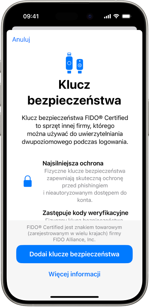 Ekran powitalny funkcji obsługi kluczy bezpieczeństwa. Na dole znajduje się przycisk Dodaj klucze bezpieczeństwa oraz łącze Więcej informacji. Nad nimi wyświetlany jest tekst objaśniający korzyści wynikające z używania kluczy bezpieczeństwa.