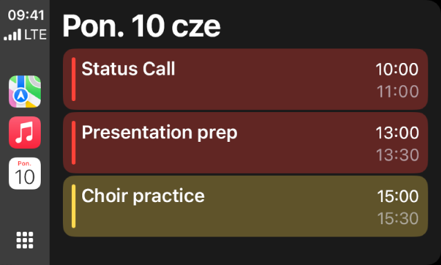 CarPlay z widocznymi na pasku bocznym ikonami aplikacji Mapy, Muzyka i Kalendarz. Po prawej widoczne są wydarzenia na poniedziałek piątego czerwca: sesja pracy nad portfolio, warsztaty umiejętności przywódczych, przygotowanie prezentacji oraz próba chóru.