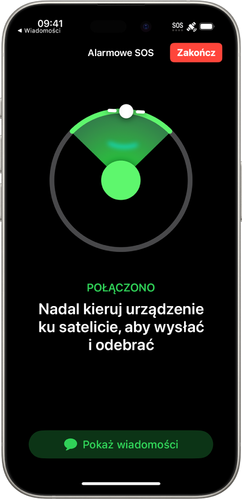 Ekran funkcji Alarmowe SOS z informacją o połączeniu z satelitą i wskazówką dla użytkownika, aby nadal kierować urządzenie ku satelicie. Na dole ekranu znajduje się przycisk z etykietą Pokaż wiadomości.