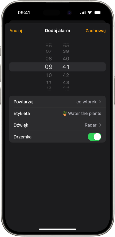 Ekran zmiany alarmu. Widoczne są ustawienia pozwalające zmienić godzinę alarmu, wybrać powtarzanie alarmu, dodać etykietę, wybrać dźwięk oraz włączyć drzemkę.
