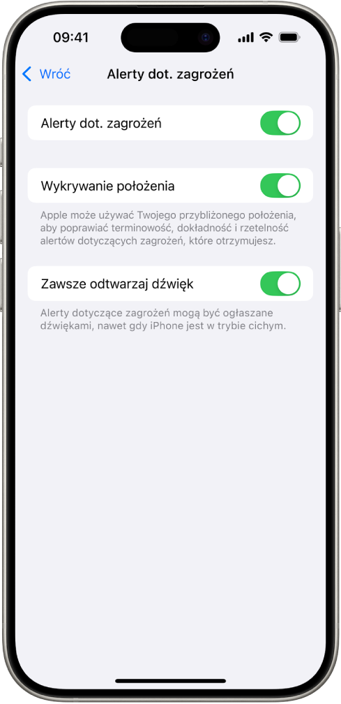 Ekran Alerty dotyczące zagrożeń. Widoczne są włączone opcje Alerty dot. zagrożeń, Wykrywanie położenia oraz Zawsze odtwarzaj dźwięk.