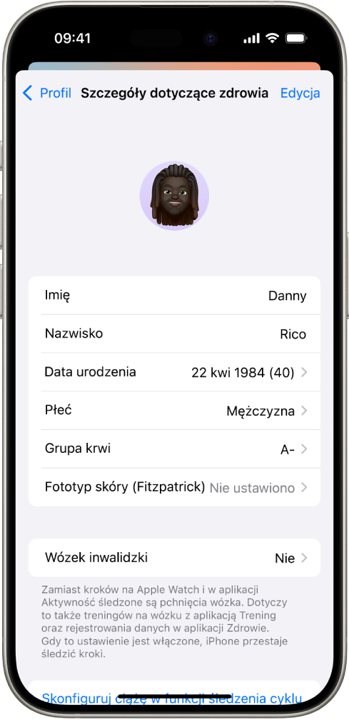 Ekran szczegółów dotyczących zdrowia. Widoczne są pola z imieniem i nazwiskiem, datą urodzenia, grupą krwi oraz innymi informacjami.