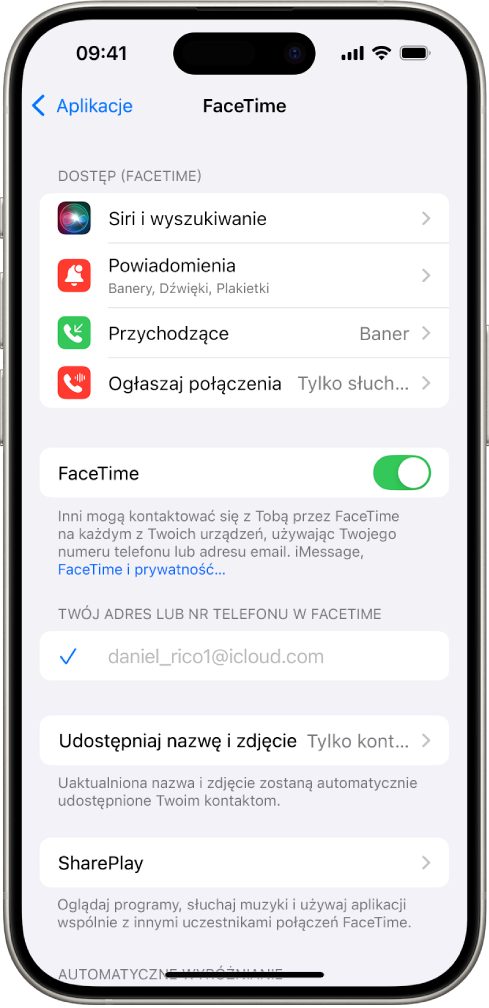 Ekran ustawień FaceTime, zawierający przełącznik umożliwiający włączenie lub wyłączenie funkcji FaceTime oraz pole do wprowadzenia konta Apple.