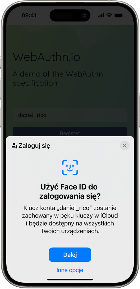 Ekran logowania z pytaniem o zachowanie klucza konta. Na dole ekranu znajdują się przyciski Dalej oraz Inne opcje.