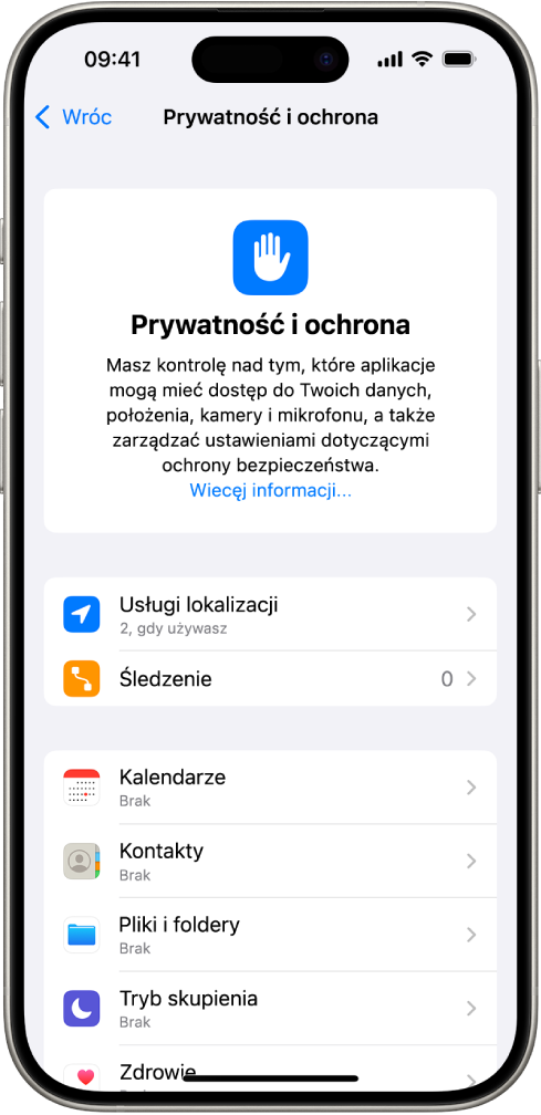 Ekran Prywatność i ochrona z ustawieniami usług lokalizacji i śledzenia oraz ustawieniami do kontroli, które aplikacje mają mieć dostęp do Twoich danych.