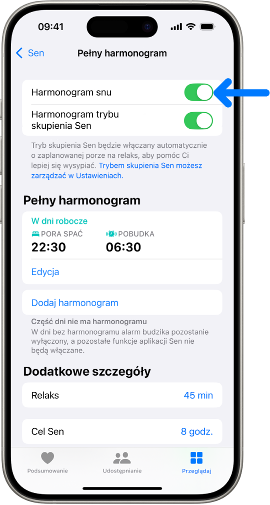 Ekran Pełny harmonogram snu. U góry ekranu włączona jest opcja Harmonogram snu.