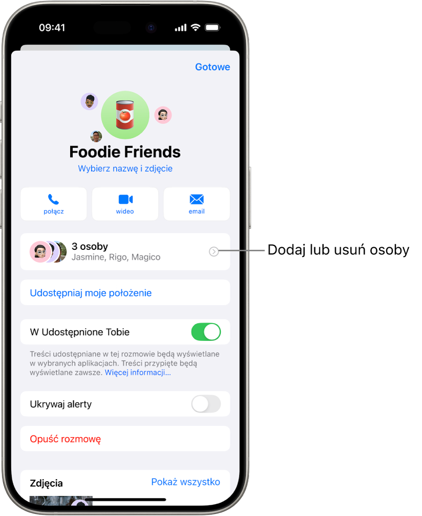 Szczegóły rozmowy grupowej.
