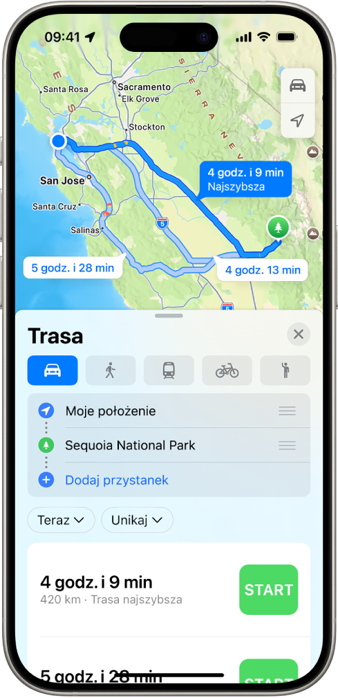 iPhone wyświetlający mapę z kilkoma trasami przejazdu samochodem w to samo miejsce docelowe. Każda trasa zawiera szacowany czas dojazdu, dystans oraz przycisk Start umożliwiający uruchomienie wskazówek „krok po kroku”. Kolory na każdej trasie informują o warunkach drogowych.