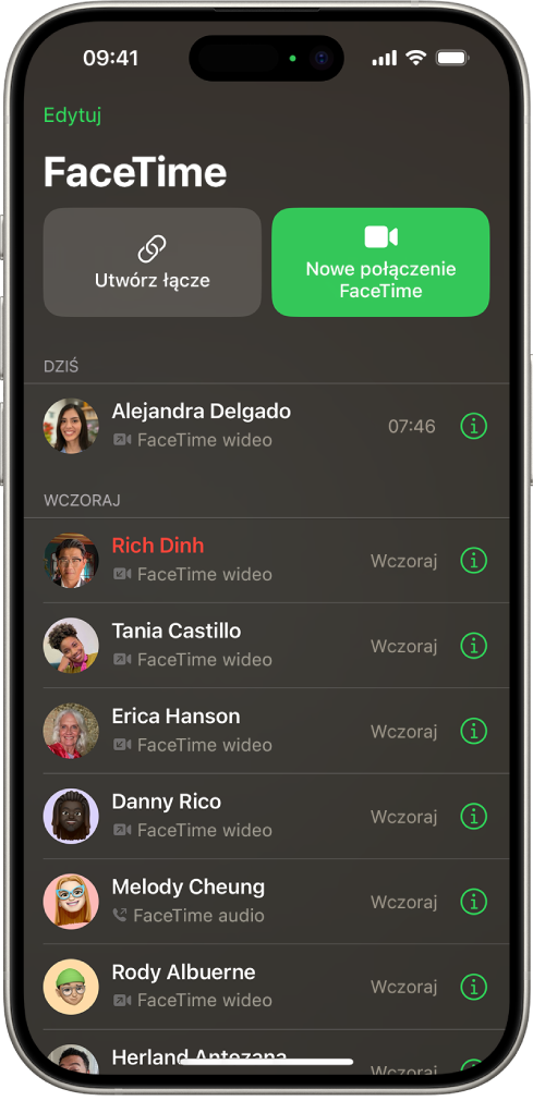 Ekran rozpoczynania połączenia FaceTime. Widoczny jest przycisk Utwórz łącze oraz przycisk Nowe połączenie FaceTime, umożliwiający rozpoczęcie połączenia FaceTime.