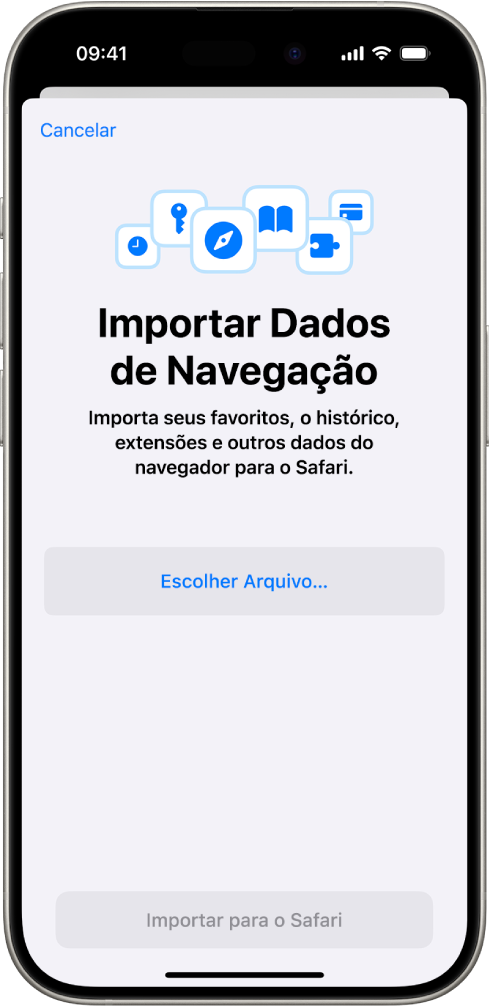 Tela Importar Dados de Navegação, mostrando os dados de um outro navegador que serão importados para o Safari.