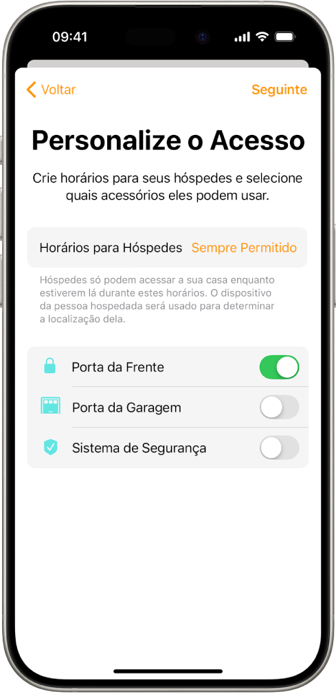 Tela “Personalize o Acesso” no app Casa. Na parte superior da tela estão os Horários para Hóspedes e abaixo estão os acessórios que eles podem ou não acessar.