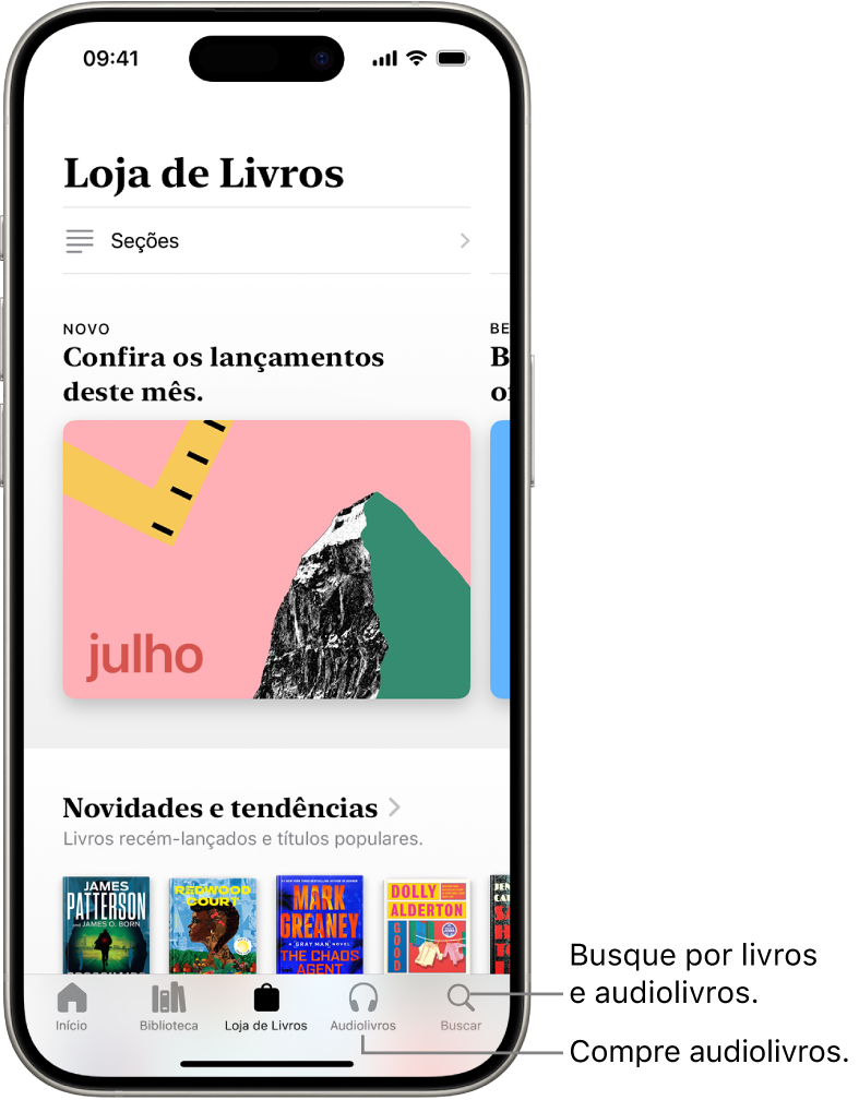 A tela da Loja de Livros no app Livros. Na parte inferior da tela, da esquerda para a direita, as abas Início, Biblioteca, Loja de Livros, Audiolivros e Buscar. A aba Loja de Livros está selecionada.