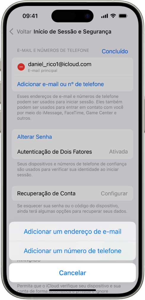 A tela Início de Sessão e Segurança nos Ajustes.