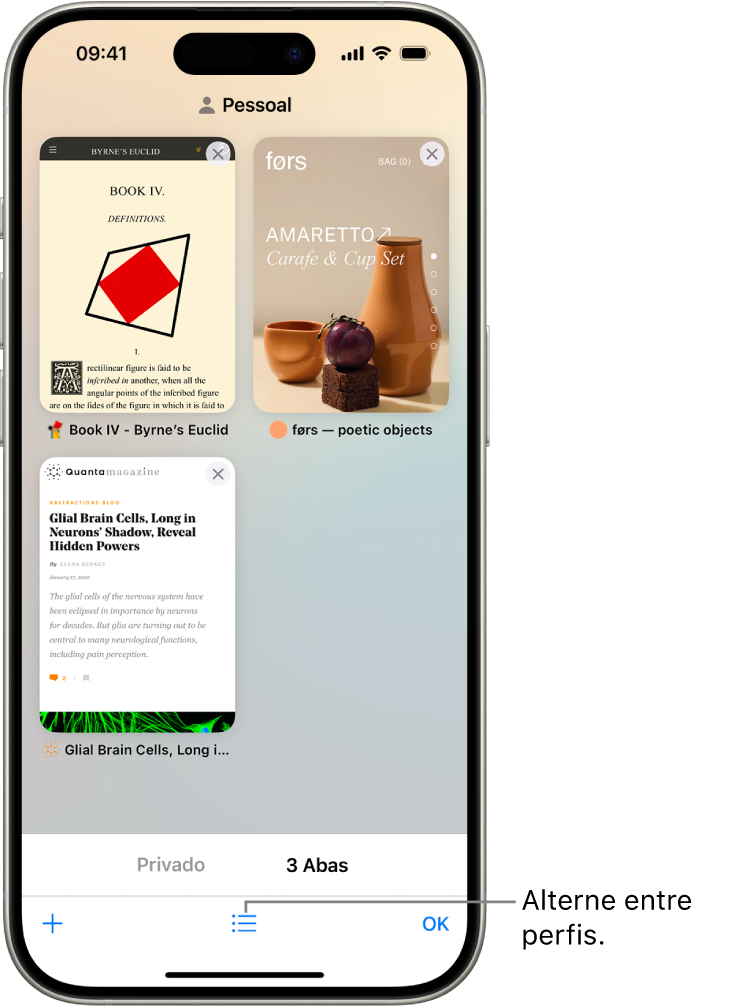 Tela do iPhone mostrando abas abertas do Safari. O ícone de Grupo de Abas do Safari aparece na parte inferior da tela. Toque no ícone para alternar entre perfis.