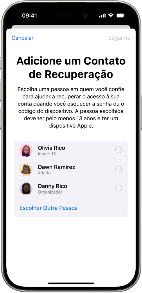 A tela Adicionar Contato de Recuperação.