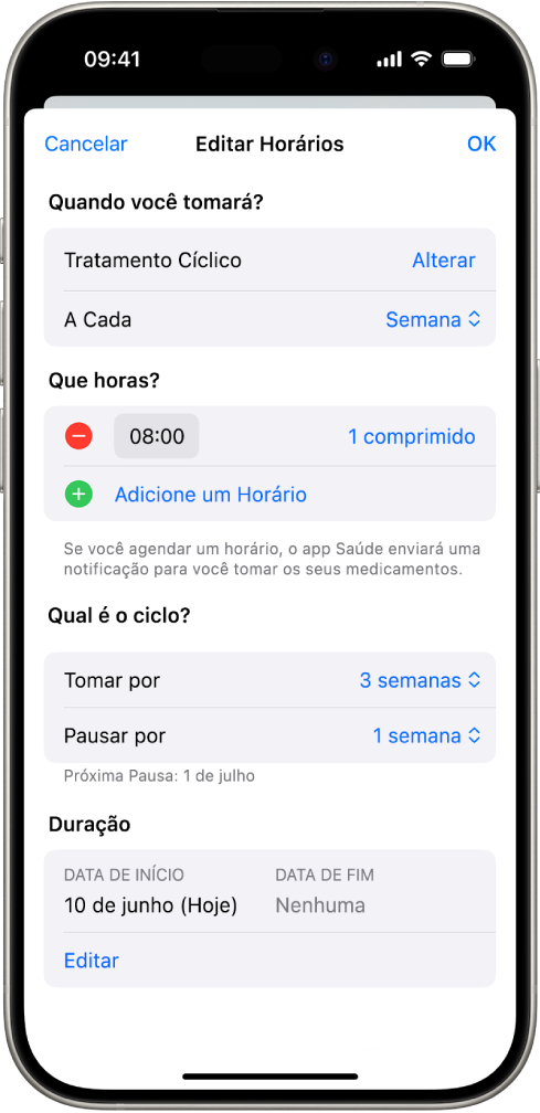 Tela Medicamentos no app Saúde mostrando opções para alterar o horário de um medicamento.