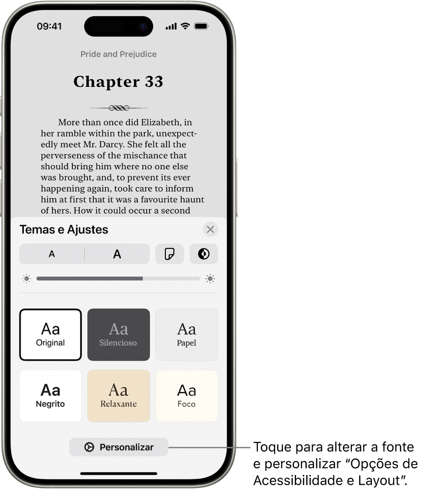 Página de um livro no app Livros. As opções de Temas e Ajustes mostram os controles de opções de tamanho da fonte, visualização da rolagem, estilo de virada de página, brilho e estilos de fonte.
