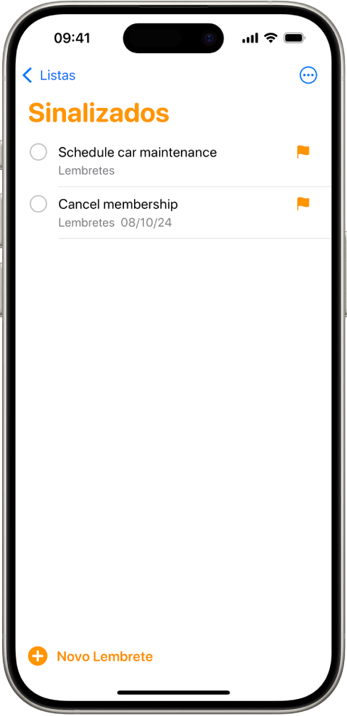 Tela do app Lembretes mostrando uma Lista Inteligente que contém todos os itens sinalizados.