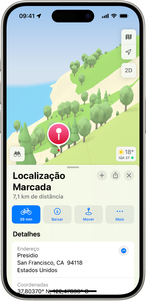 Um mapa mostrando um alfinete fixado em um parque. Abaixo, há botões para obter itinerários até o alfinete, baixar os arredores ou movê-lo.