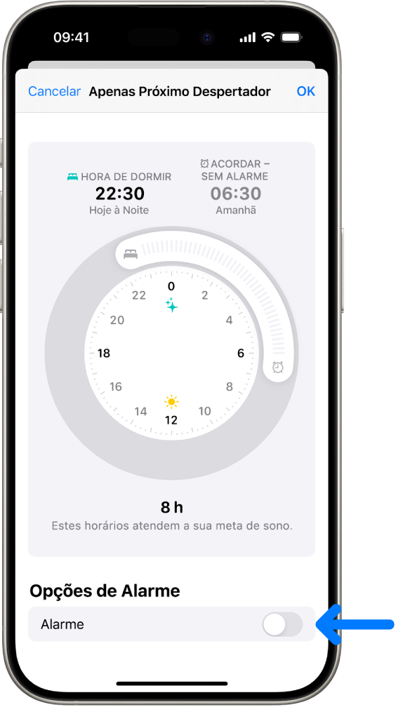 Tela Apenas Próximo Despertador no app Saúde com Alarme desativado na parte inferior.