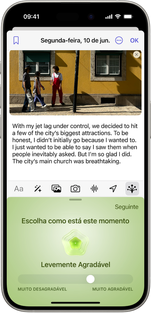App Diário mostrando uma entrada do diário na parte superior da tela. Na parte inferior da tela há um controle deslizante para registrar seu estado emocional.