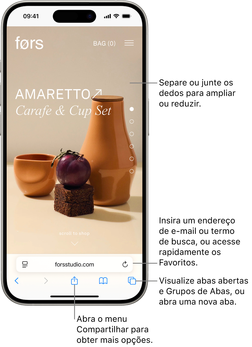 Site aberto no Safari, com o campo de endereço na parte inferior. Na parte inferior, da esquerda para a direita, estão os botões Voltar, Avançar, Compartilhar, Favoritos e Abas.
